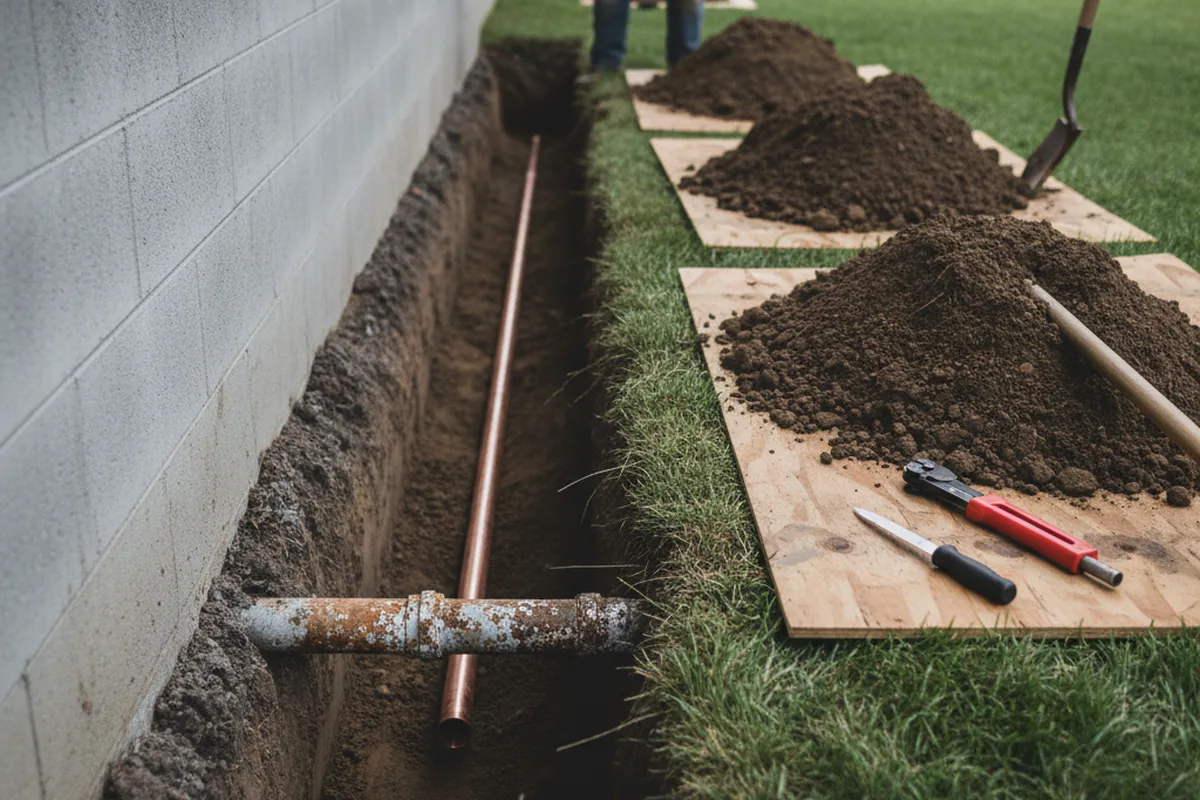 Excavated water line trench during Water Softener Installation in Baltic